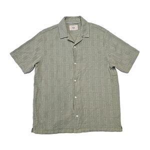Folk Mens Textured Short Sleeve Button-up Shirt Sz L Green Coastal Jacquard